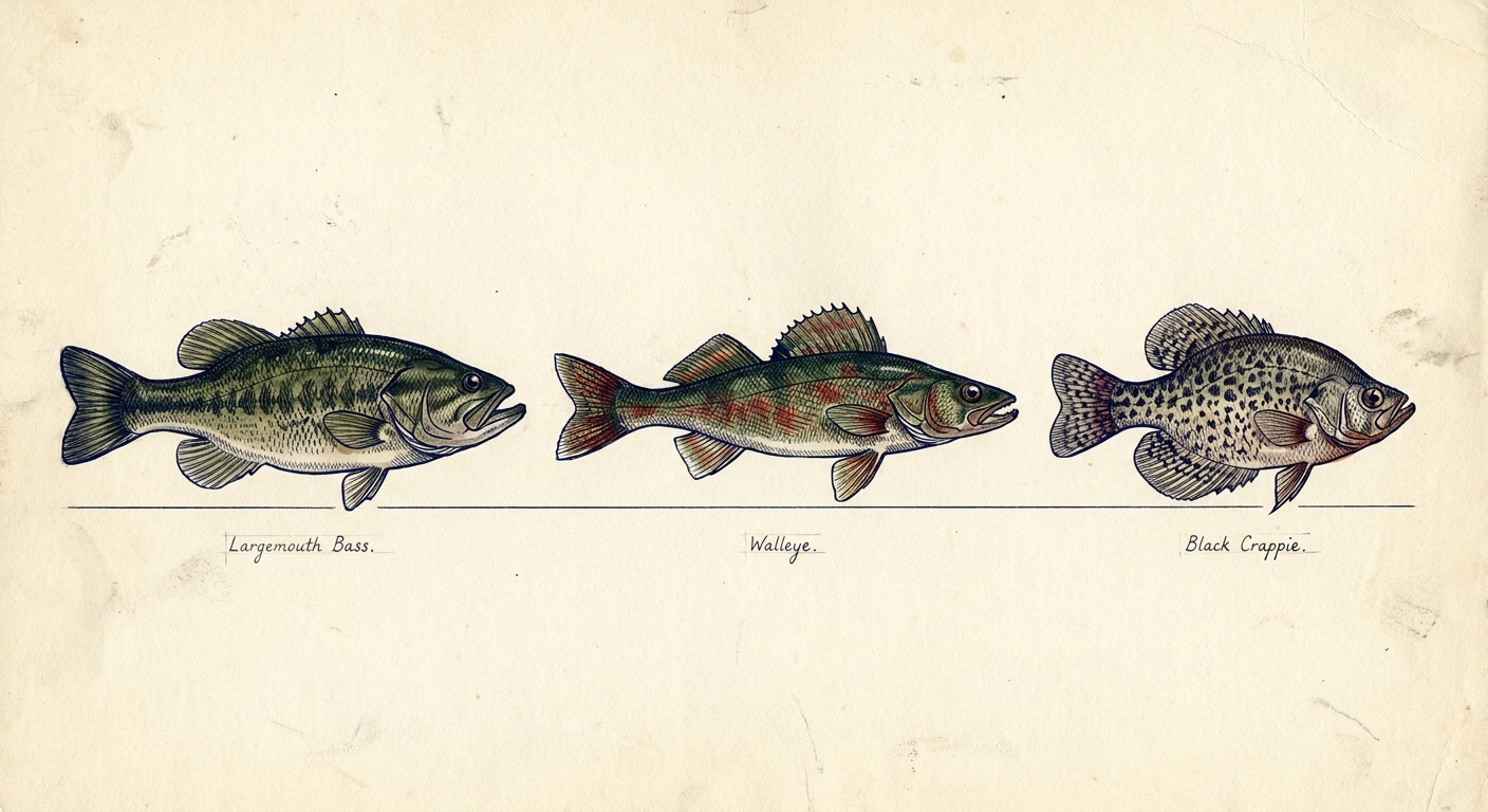 Largemouth bass, walleye, and black crappie — naturalist plate