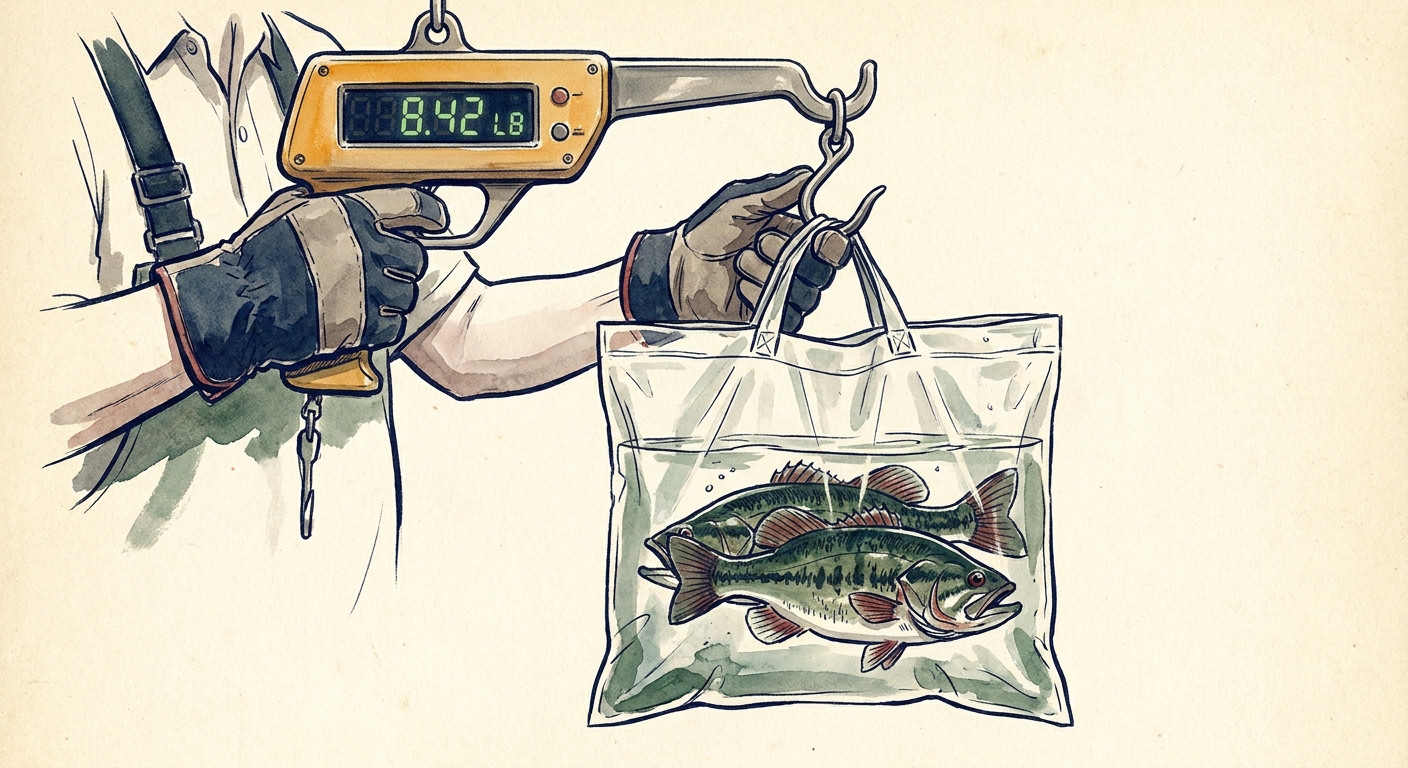 Tournament weigh-in: hanging scale with bass in a clear weigh-in bag